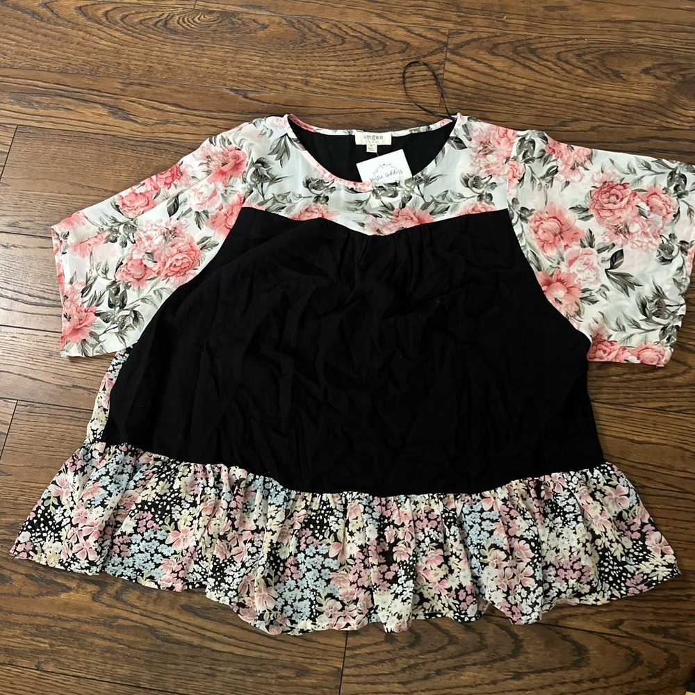 UMGEE M Patchwork Babydoll Top Boho Floral Mixed Print Blouse Ruffle Peasant